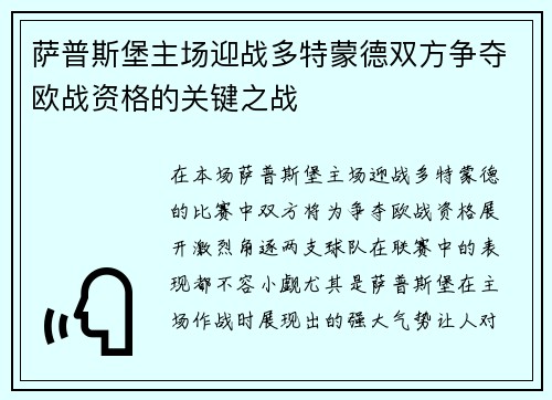 萨普斯堡主场迎战多特蒙德双方争夺欧战资格的关键之战